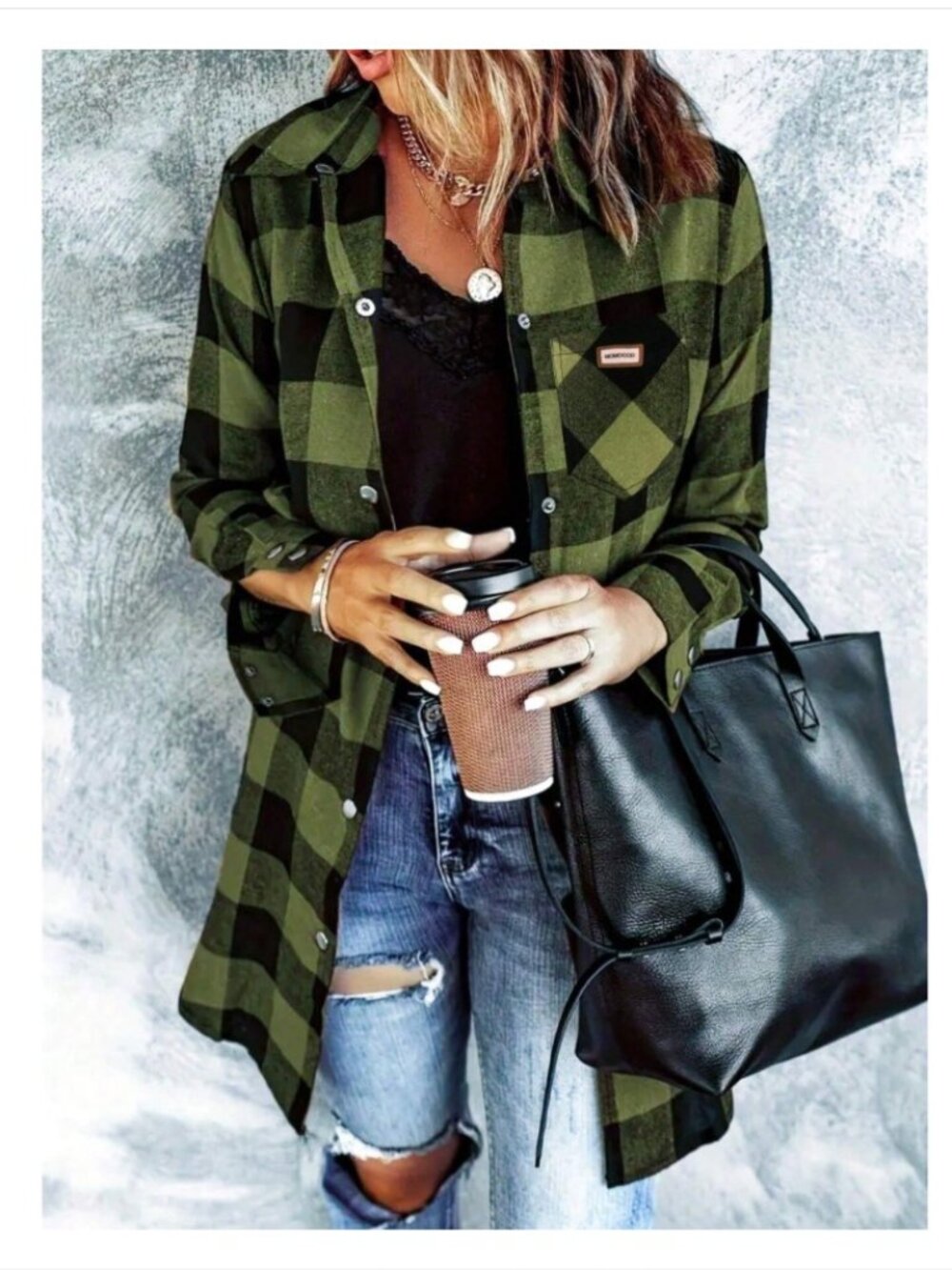 Women's Large Button Up Green Black Checked Plaid Long Button Up Casual Blouse